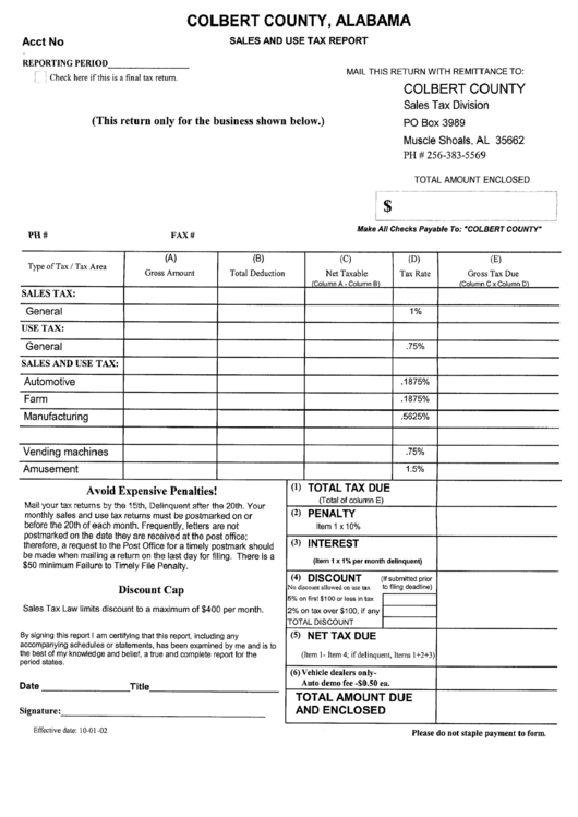Sale And Use Tax Report Template - Colbert County - 2002 Printable pdf