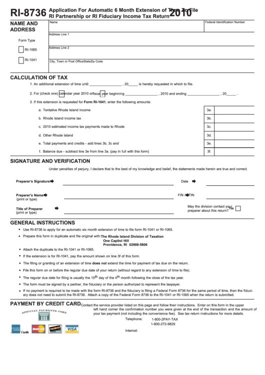 Form Ri-8736 - Application For Automatic 6 Month Extension Of Time To File Ri Partnership Or Ri Fiduciary Income Tax Return - 2010 Printable pdf