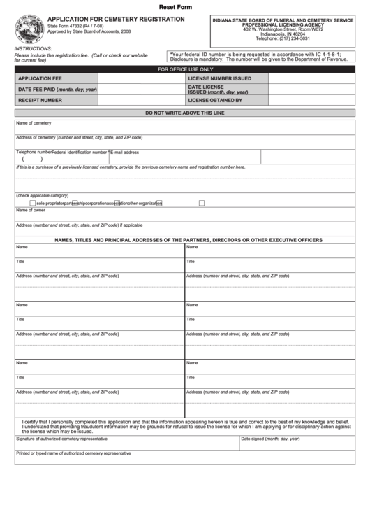 Fillable Form 47332 - Application For Cemetery Registration Printable pdf