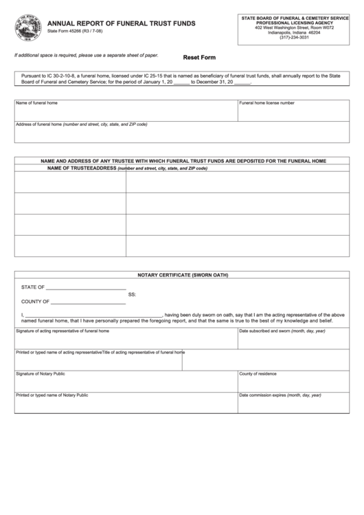 Fillable State Form 45266 - Annual Report Of Funeral Trust Funds Printable pdf