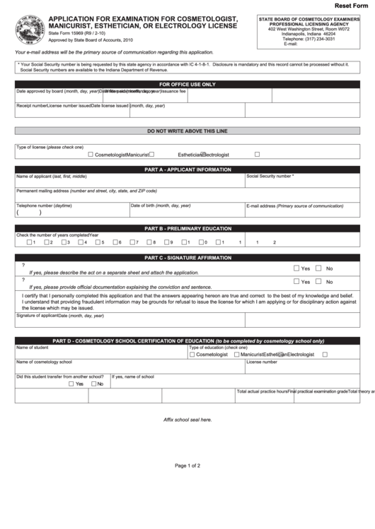 Fillable Form 15969 - Application For Examination For Cosmetologist, Manicurist, Esthetician, Or Electrology License Printable pdf
