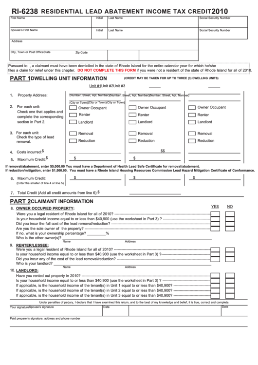 Form Ri-6238 - Residential Lead Abatement Income Tax Credit - 2010 Printable pdf