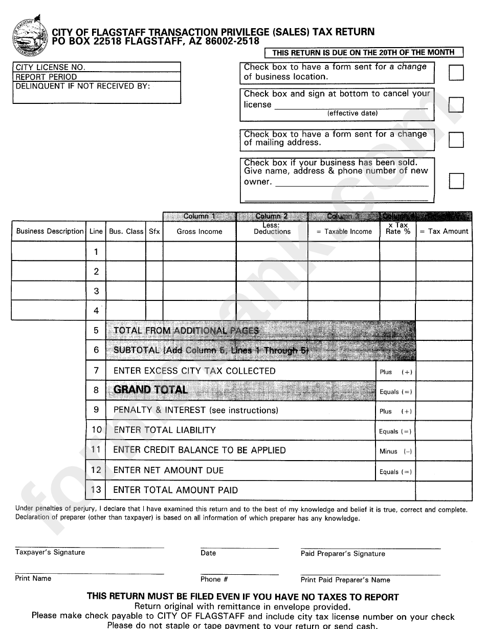 City Of Flagstaff Transacyion Privilege (Sales) Tax Return Form