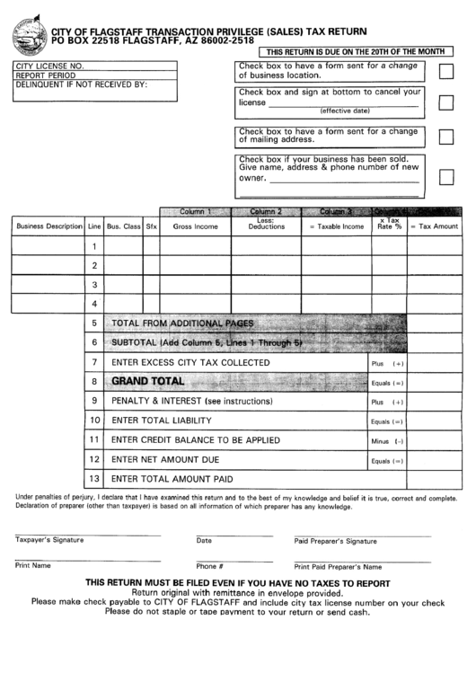 City Of Flagstaff Transacyion Privilege (Sales) Tax Return Form Printable pdf