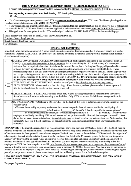 Application For Exemption From The Local Services Tax - Pennsylvania Capital Tax Collection Bureau - 2010 Printable pdf