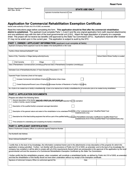 Fillable Form 4507 - Application For Commercial Rehabilitation Exemption Certificate - Michigan Department Of Treasury Printable pdf
