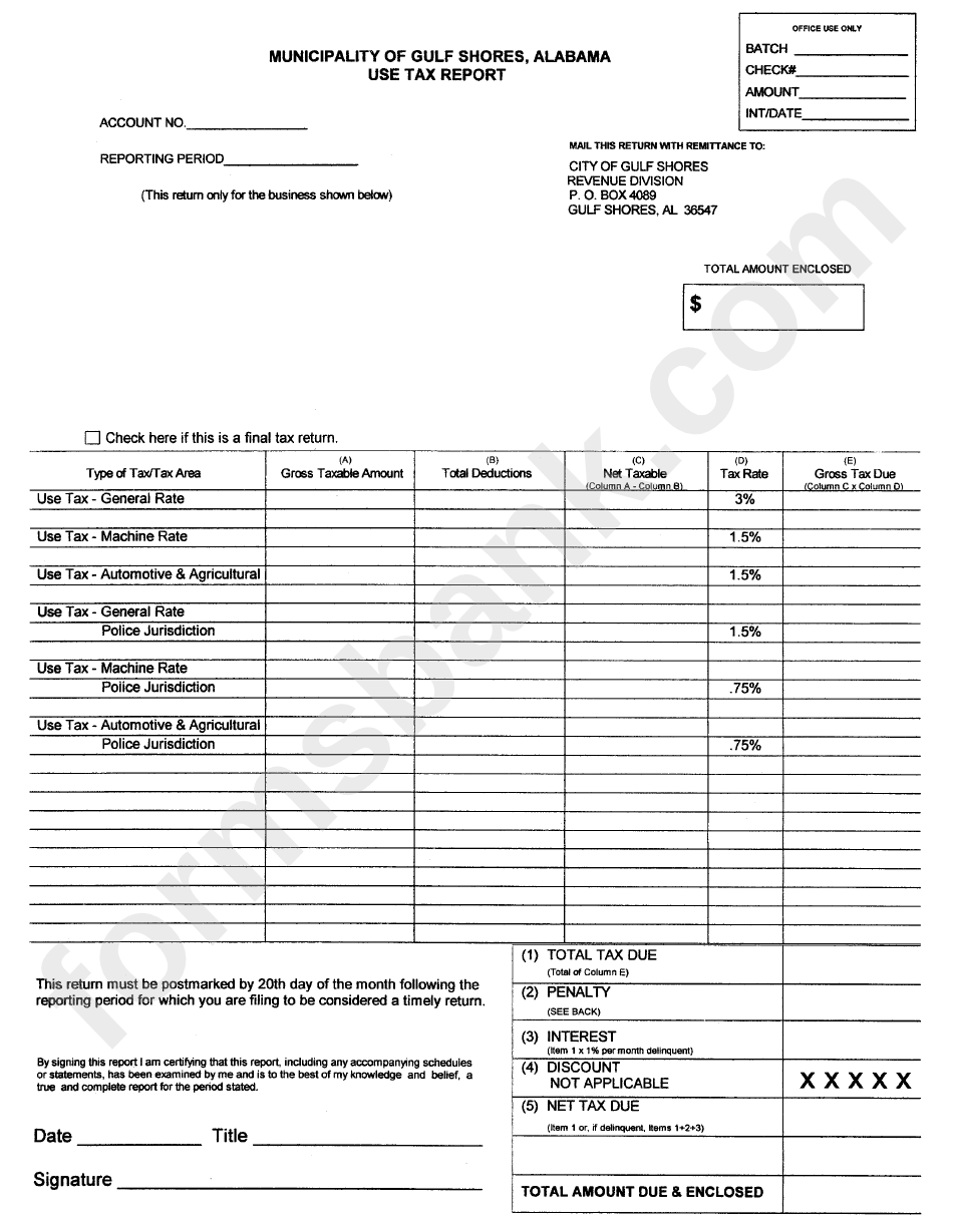 Use Tax Report Municipality Of Gulf Shores Form printable pdf download