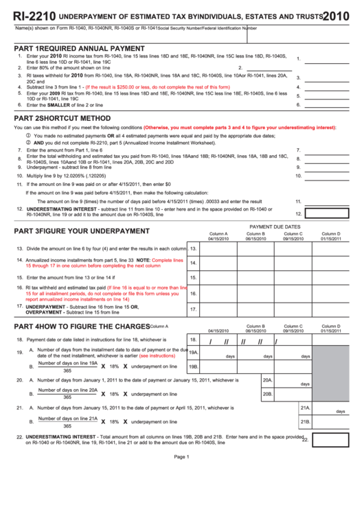 Form Ri-2210 - Underpayment Of Estimated Tax By Individuals, Estates And Trusts - 2010 Printable pdf