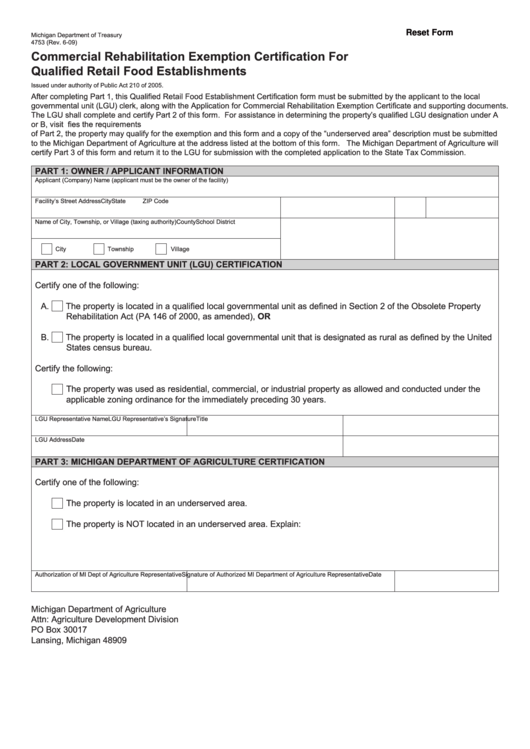 Fillable Form 4753 - Commercial Rehabilitation Exemption Certification For Qualified Retail Food Establishments - Michigan Department Of Treasury Printable pdf