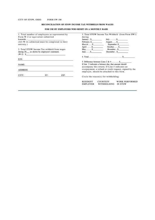 Form Sw-3m - Reconciliation Of Stow Income Tax Withheld Wages Printable pdf