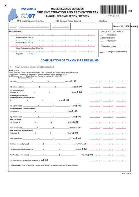 Form Ins-5 - Fire Investigation And Prevention Tax Annual Reconciliation/return - 2007 Printable pdf