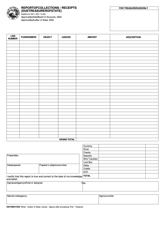 Form 14311 - Report Of Collections / Receipts (Due Treasurer Of State) Printable pdf