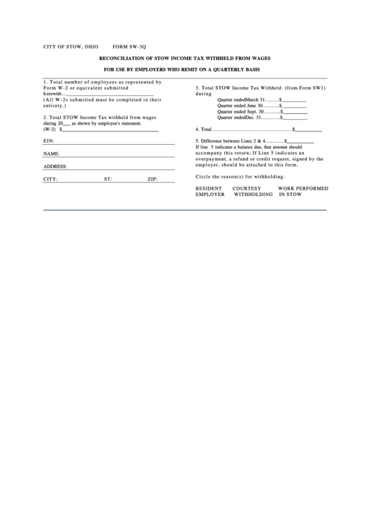 Form Sw3q Reconciliation Of Stow Tax Withheld From Wages