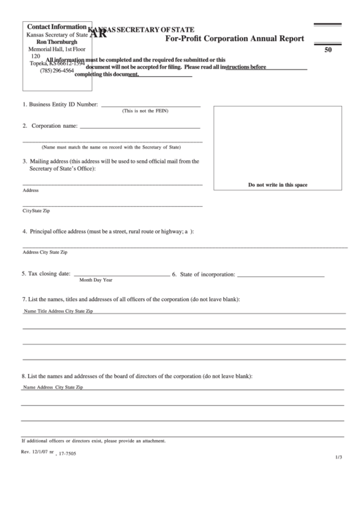 Form Ar 50 - For-Profit Corporation Annual Report, Form Ag - Annual Report Agriculture Attachment For Ar Or Np Forms - 2007 Printable pdf