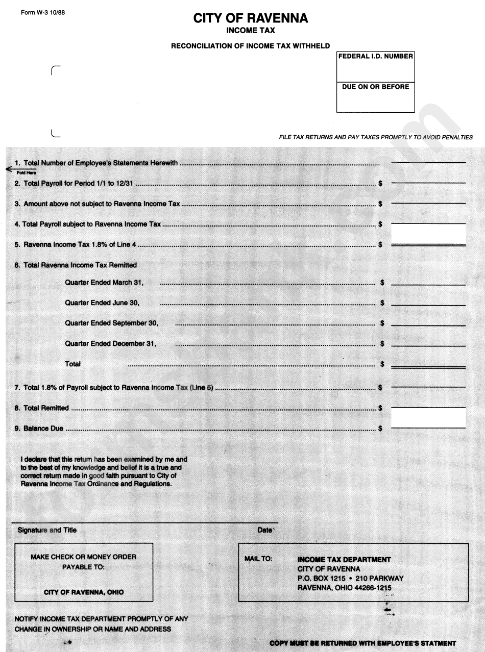 Form W-3 - City Of Ravenna Reconciliation Of Income Tax Withheld - 1988