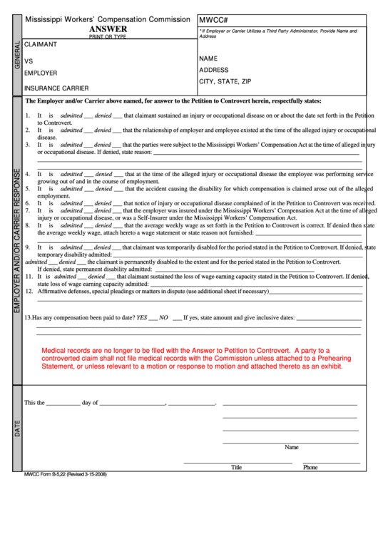 Fillable Form B-5,22 - Answer Form - Mississippi Workers