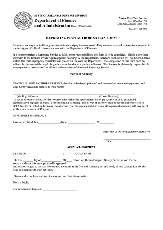 Reporting Firm Authorization Form - Department Of Finance And Administration - State Of Arkansas Printable pdf