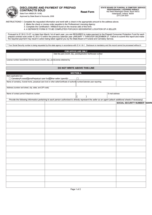 Fillable Form 49629 - Disclosure And Payment Of Prepaid Contracts Sold Printable pdf