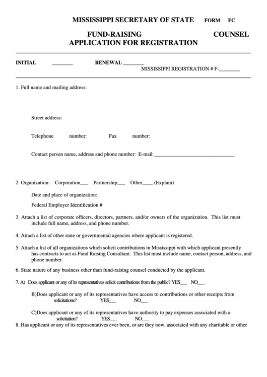 Form Fc - Fund-Raising Counsel Application For Registration - Mississippi Secretary Of State Printable pdf