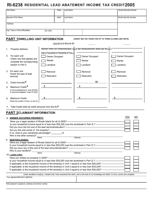 Form Ri-6238 - Residential Lead Abatement Income Tax Credit - 2005 Printable pdf