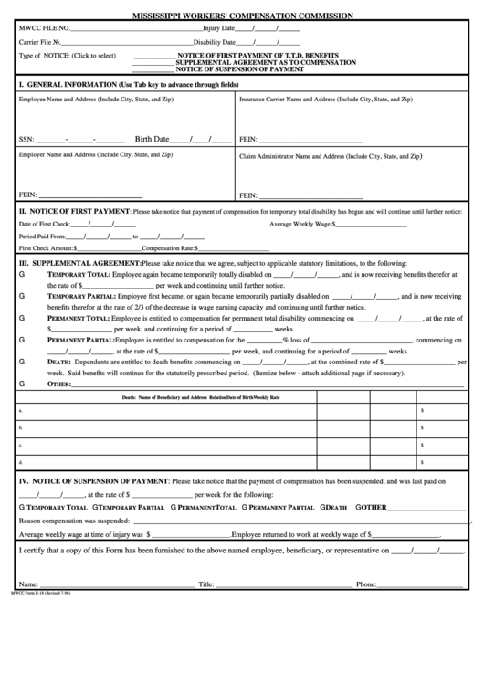 Fillable Form B-18 - Notice Of First Payment Of T.t.d. Benefits / Notice Of Suspension Of Payment - Mississippi Workers