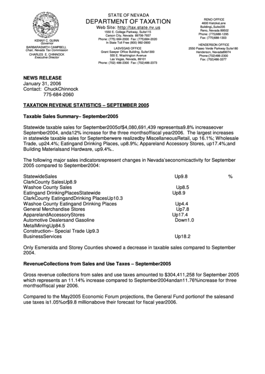 Taxation Revenue Statistics - September 2005 - State Of Nevada Department Of Taxation printable ...