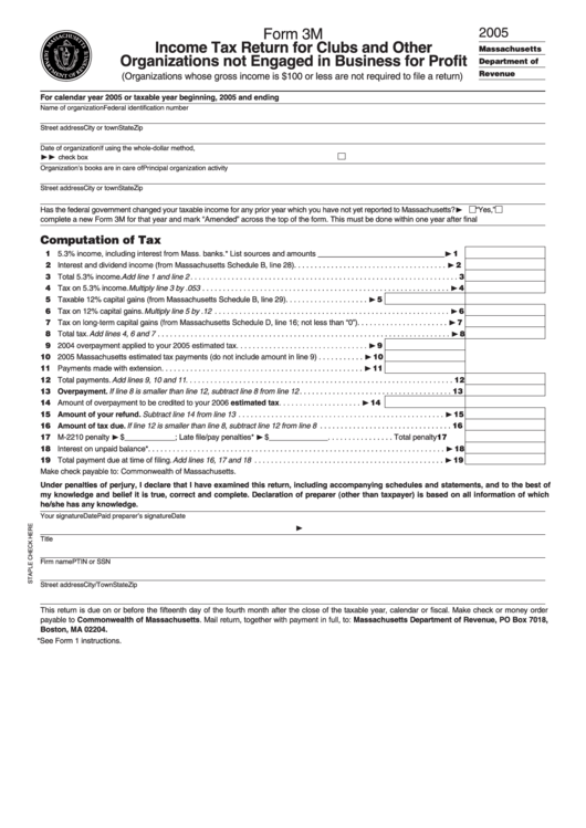 Form 3m - Income Tax Return For Clubs And Other Organizations Not Engaged In Business For Profit - 2005 Printable pdf