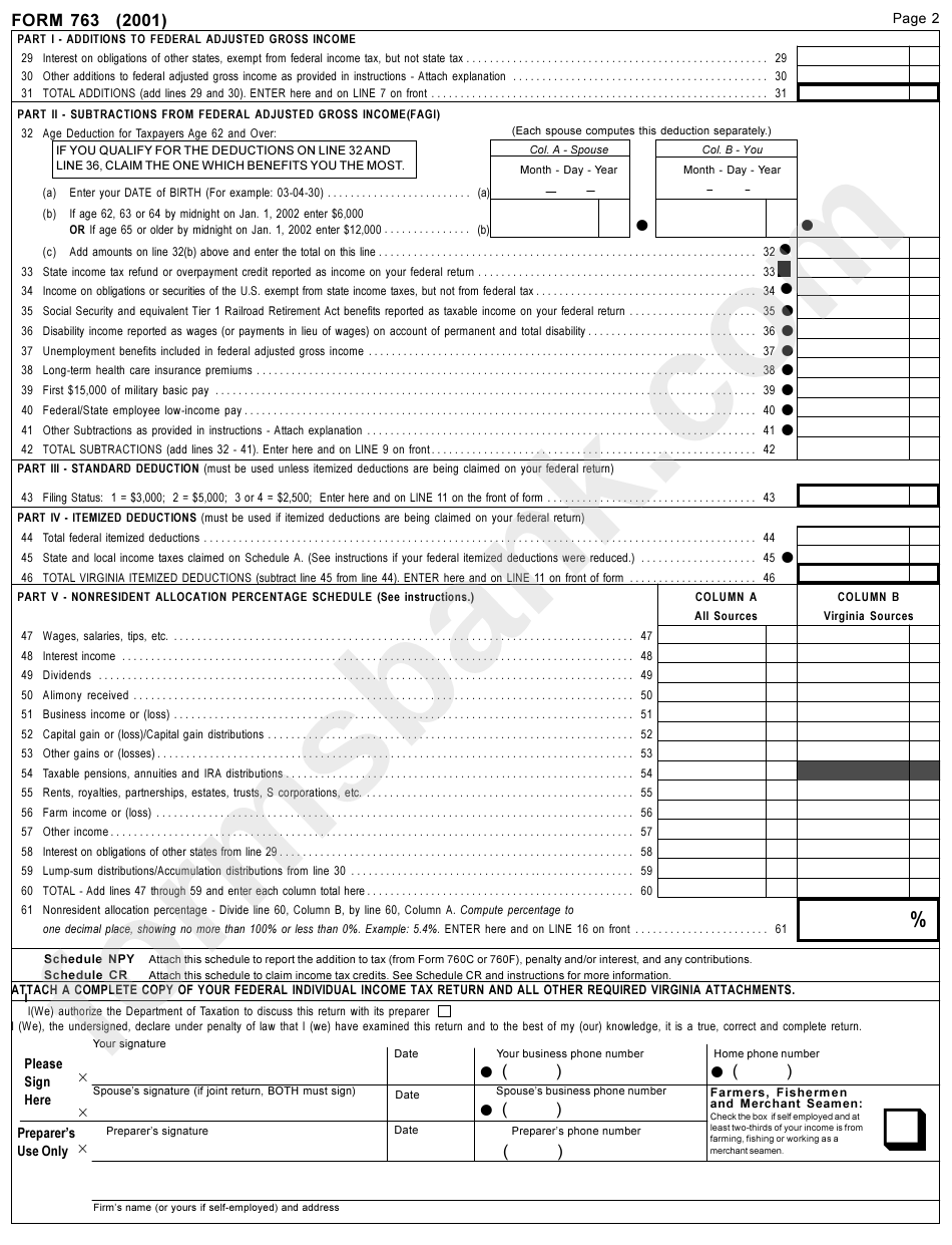 Form 763 - Virginia Nonresident Income Tax Return - 2001