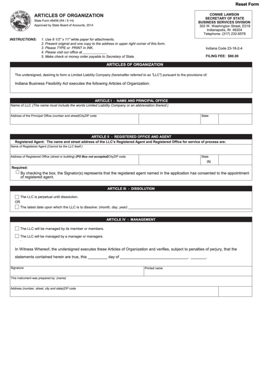 Fillable State Form 49459 - Articles Of Organization - 2014 Printable pdf