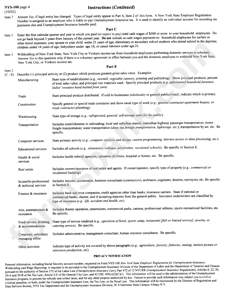 Form Nys -100 - Unemployment Inshurance Tax Instructions