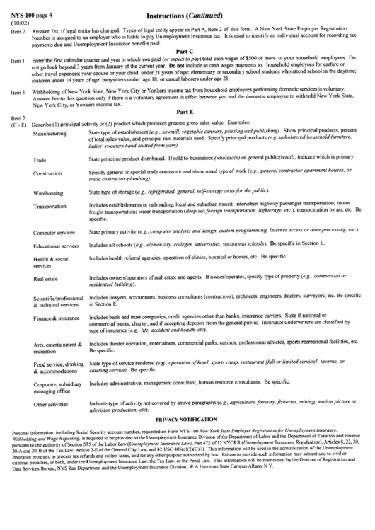 Form Nys -100 - Unemployment Inshurance Tax Instructions Printable pdf