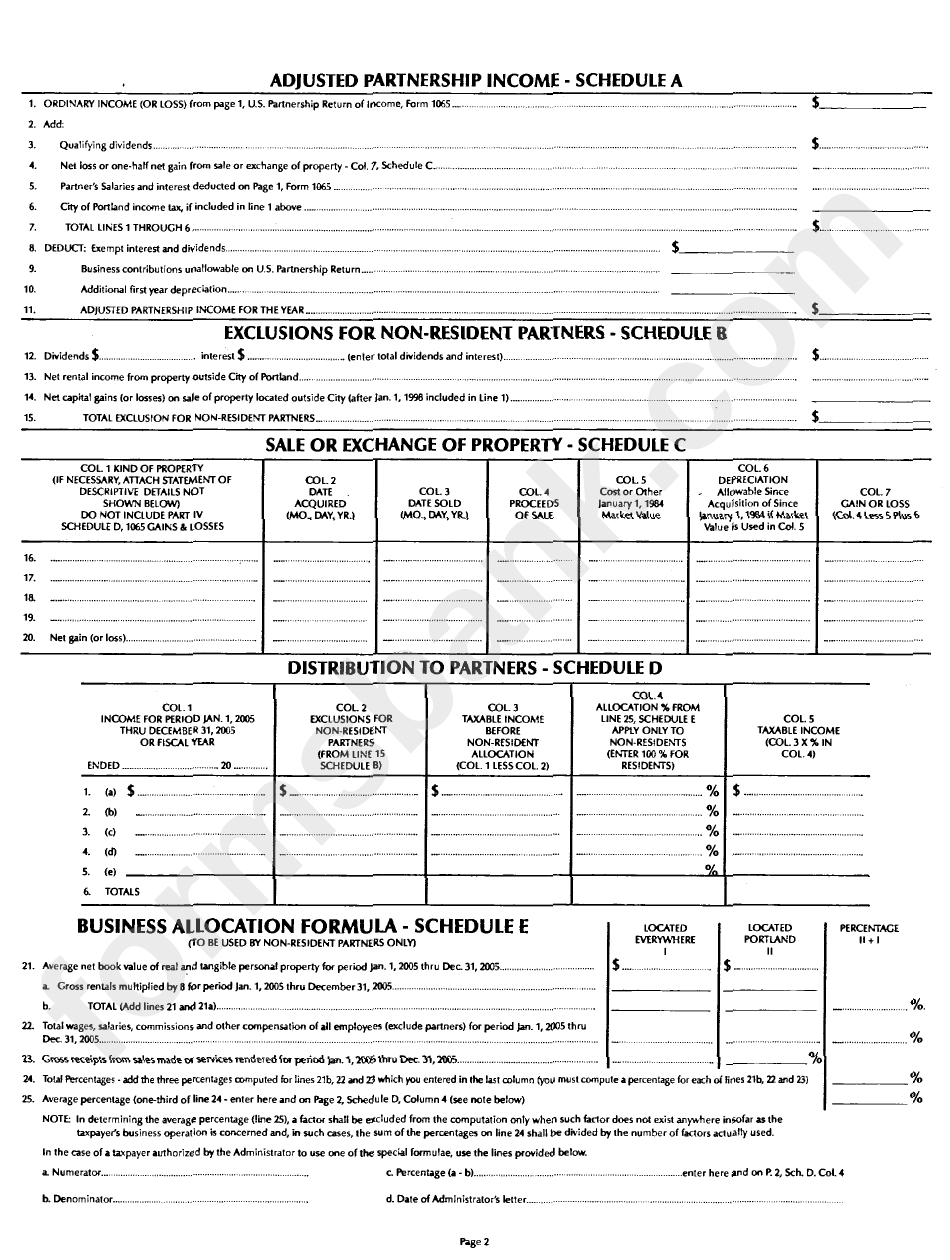 Form P1065 - City Of Portland Income Tax Partnership Return - 2005