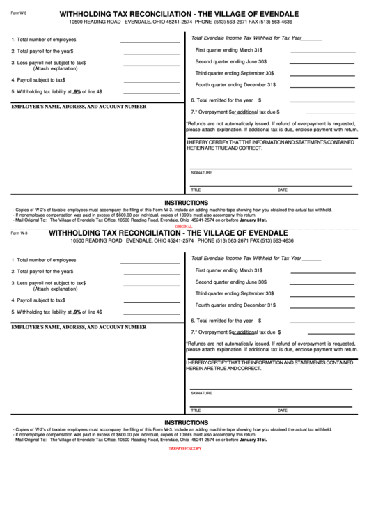 Form W-3 - Withholding Tax Reconciliation - The Village Of Evendale Printable pdf