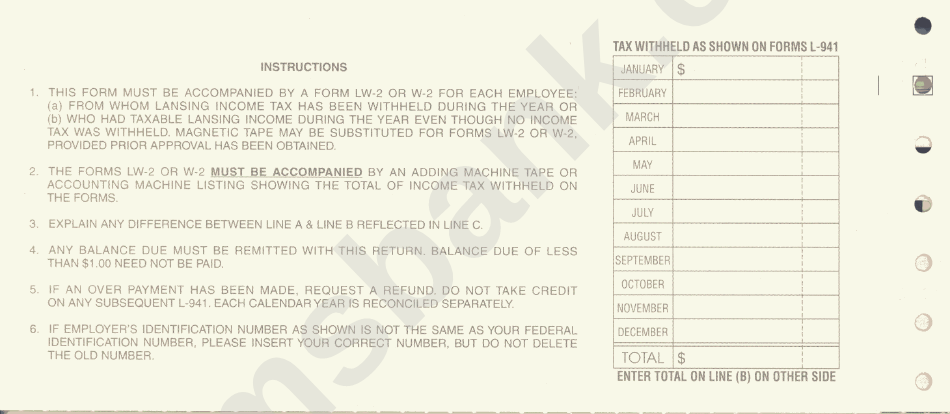 Form Lw-3 - Income Tax Withheld - Reconciliation Of Lansing