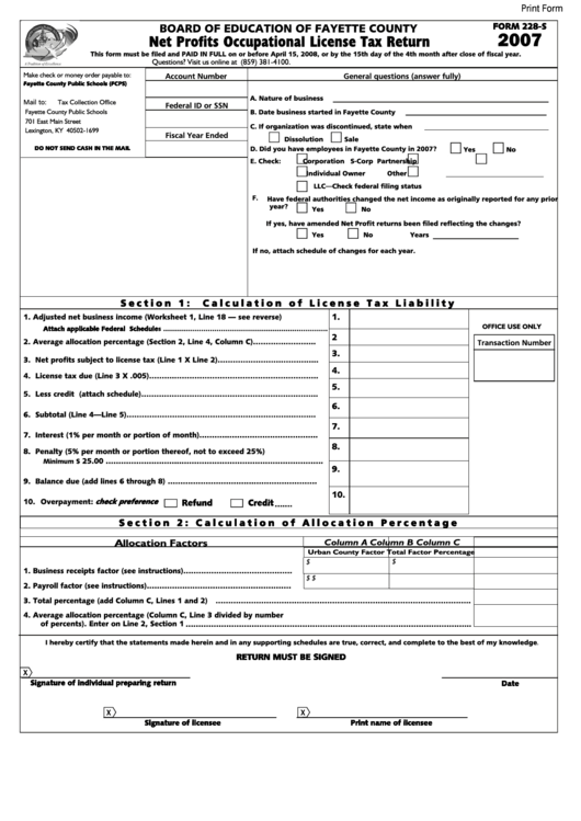Fillable Form 228-S - Net Profits Occupational License Tax Return - 2007 Printable pdf