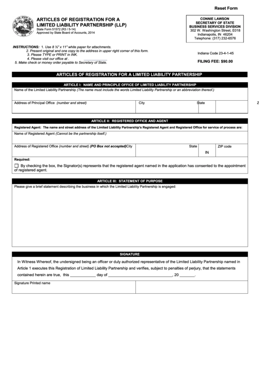 Fillable Articles Of Registration For A Limited Liability Partnership (Llp) Form Printable pdf