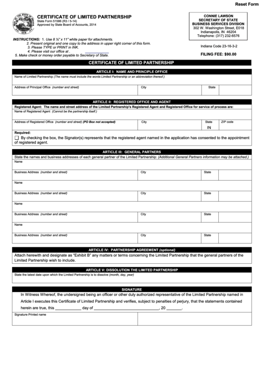 Fillable Certificate Of Limited Partnership Form Printable pdf