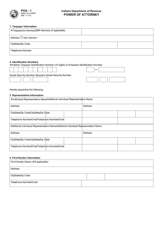Fillable Form Poa-1 - Power Of Attorney - 2014 Printable pdf