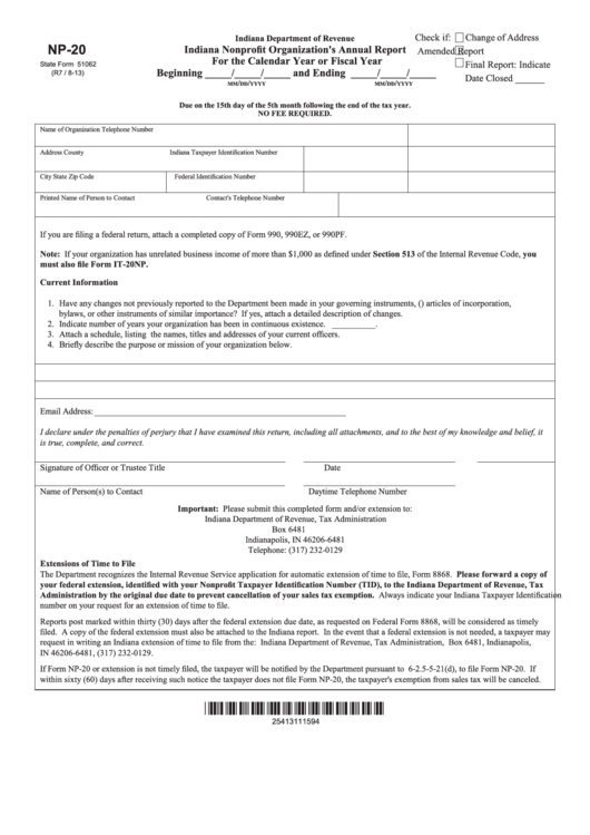 Fillable Form Np-20 - Indiana Nonprofit Organization'S Annual Report ...