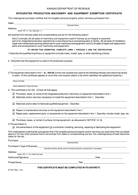 Fillable Form St-201 - Integrated Production Machinery And Equipment Exemption Certificate Printable pdf