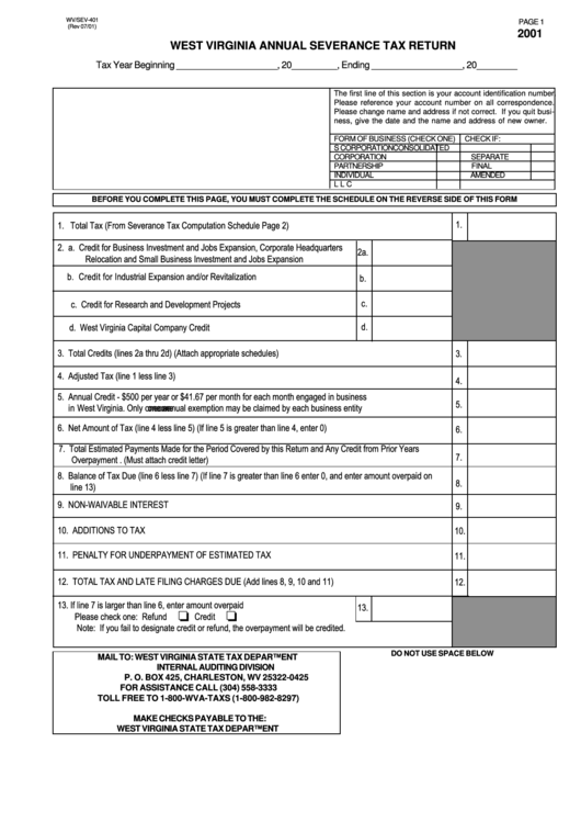 Form Wv/sev-401 - West Virginia Annual Severance Tax Return - 2001 Printable pdf