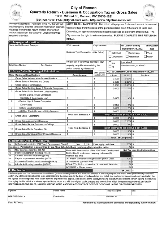 Business & Occupation Tax On Gross Sales Form - City Of Ranson Printable pdf