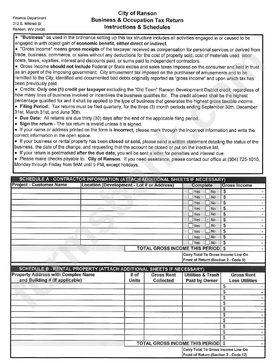 Business & Occupation Tax On Gross Sales Form - City Of Ranson