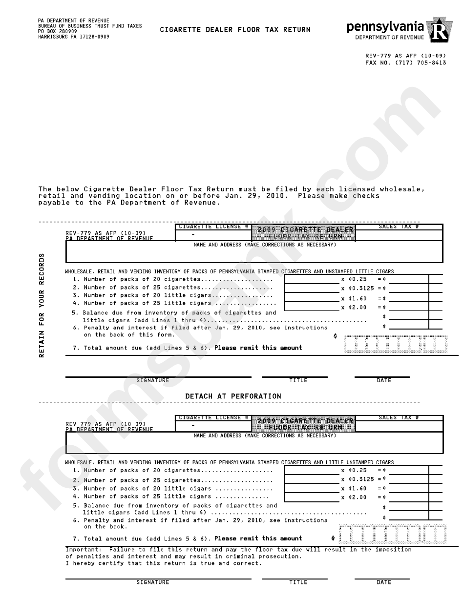 Cigarette Dealer Floor Tax Return Form 2009 - Pa Department Of Revenue