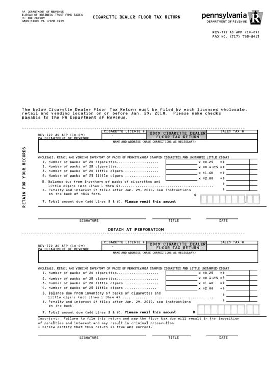 Cigarette Dealer Floor Tax Return Form 2009 - Pa Department Of Revenue Printable pdf
