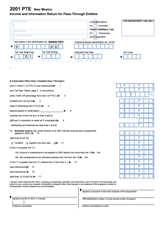 Form Pte - Income And Information Return For Pass-Through Entities - 2001 Printable pdf