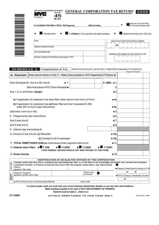 Fillable Form Nyc-4s-Ez - General Corporation Tax Return - 2009 Printable pdf