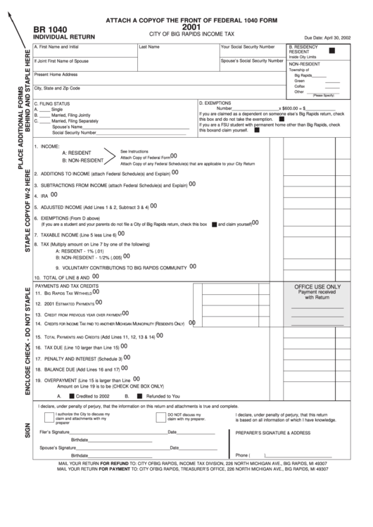 Form Br 1040 - Individual Return - City Of Big Rapids Income Tax - 2001 Printable pdf