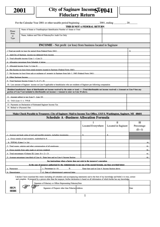 Form S-1041 - City Of Saginaw Income Tax Fiduciary Return - 2001 Printable pdf