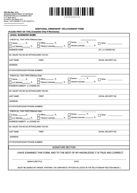 Fillable Form Crf-004 - Additional Ownership/relationship Form - 2013 Printable pdf